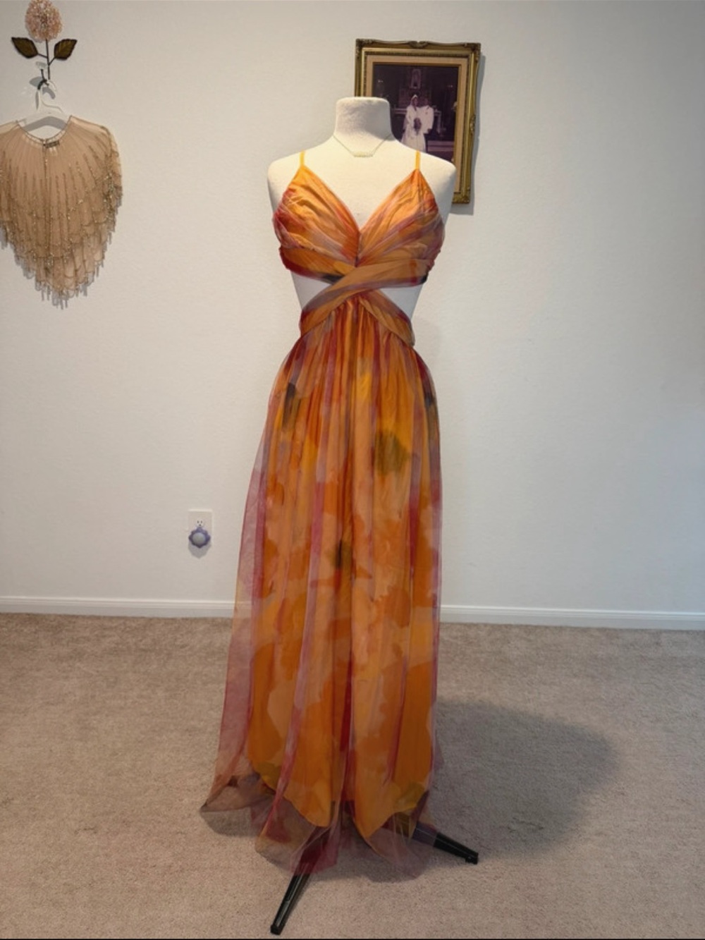 Sleeveless Orange Watercolor Cutout Maxi Dress